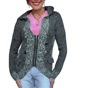 BKE Charcoal Tweed Wool Blend Y2K Motto Military Style Cardigan Cozy Sweater